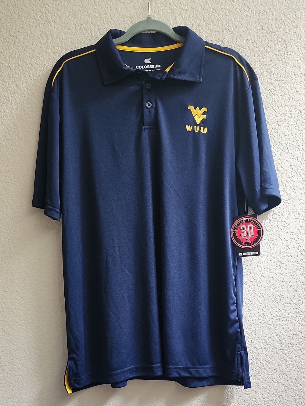 Colosseum Men's Navy Polo with Gold West Viginia University WVU Logo and Trim